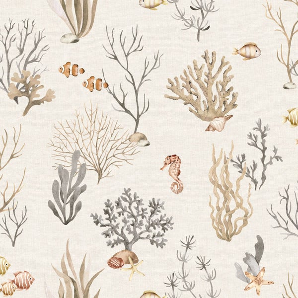 Vliestapete mit Unterwasser-Motiv aus Korallen, Fischen, Seepferdchen und Seesternen im Aquarell-Stil.
