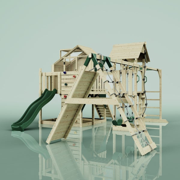 Spielplatzgerät mit Rutsche, Kletterwand und Schaukel