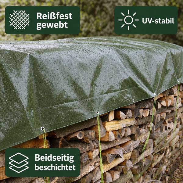Wetterfeste Gewebeplane zur Abdeckung von Brennholz, reißfest, UV stabil und beidseitig beschichtet.