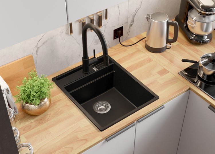 PRIMAGRAN Spülbecken Alles Schwarz 43x53cm, Granitspüle 1 Becken + Ablauf-Set + Küchenzubehörset, Küchenspüle ab 45er Unterschrank - Oslo Pocket