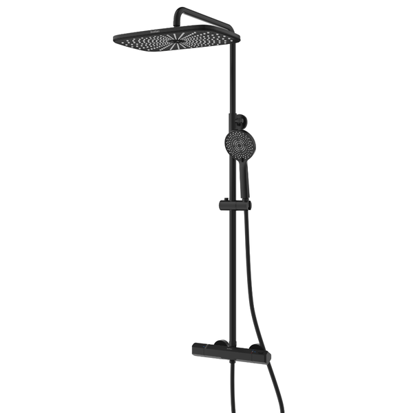 EcoRain Wassersparende Regenbrausegarnitur Melvin XL 30 CM Schwarz mit Thermostatarmatur - 30% Wassereinsparung - Modern Regenbrauseset - 13 CM Handbrause - Universal Kopfbrause - Anti-Kalk-Brausekopf