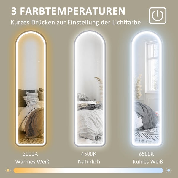 HOMCOM Bogen Ganzkörperspiegel mit Beleuchtung, 150 x 40 cm Standspiegel mit LED, 3 Lichtfarben, Wandspiegel mit Ständer, Touch-Schalter, für Schlafzimmer, Wohnzimmer, Schwarz