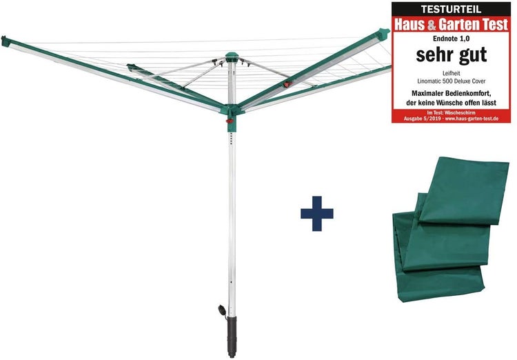 Leifheit Wäschespinne Linomatic 500 Deluxe Cover mit Leineneinzug für saubere Wäsche, Wäscheschirm für die ganze Familie, Wäscheständer inkl. Bodenhülse und Schutzhülle, 50m Leine für 5 Wäscheladungen