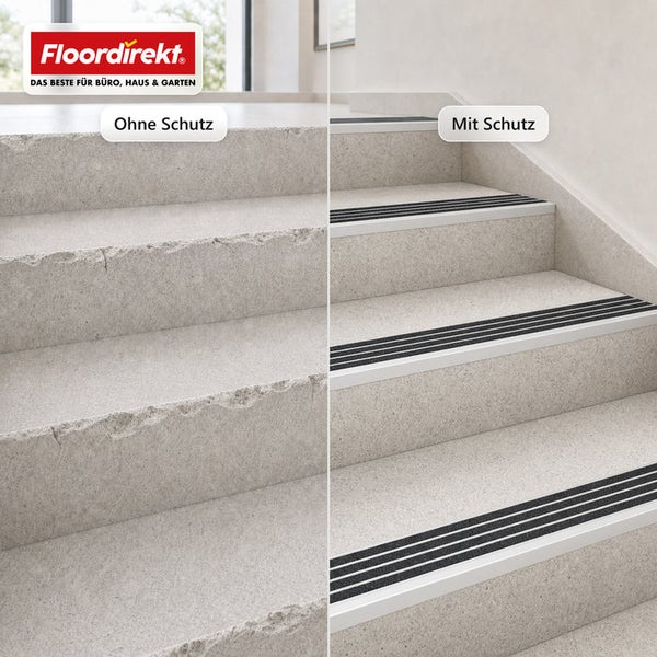 Treppe im Vergleich mit und ohne Treppenkantenprofil von Floordirekt Logo zur Rutschhemmung und zum Schutz der Treppenstufen.