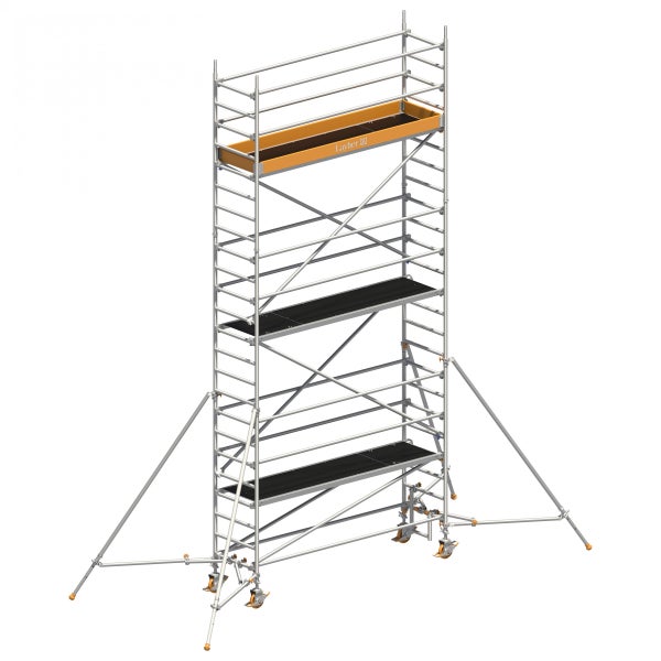Layher Fahrgerüst mit Rollen und mehreren Plattformen