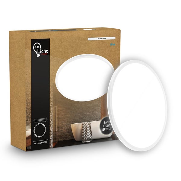 Runde B.K. Licht LED Deckenleuchte neutralweiß spritzwassergeschützt mit Backlight Effekt und Verpackung mit B.K. Licht Logo.