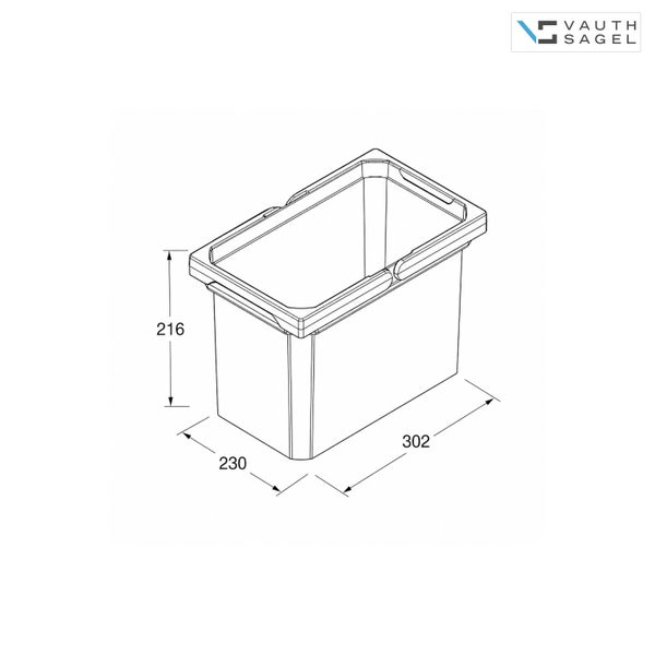 Vauth Sagel Logo und technische Zeichnung eines rechteckigen Behälters mit 216 Millimeter Höhe, 230 Millimeter Breite und 302 Millimeter Länge.