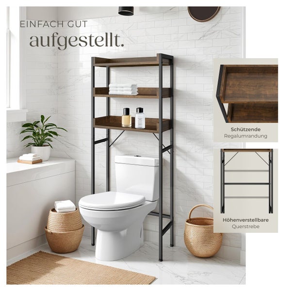 Überbauregal für Toilette mit Holzablagen und Metallrahmen in Badezimmerumgebung, mit Detailansichten zur Regalumrandung und Querstrebeneinstellung.