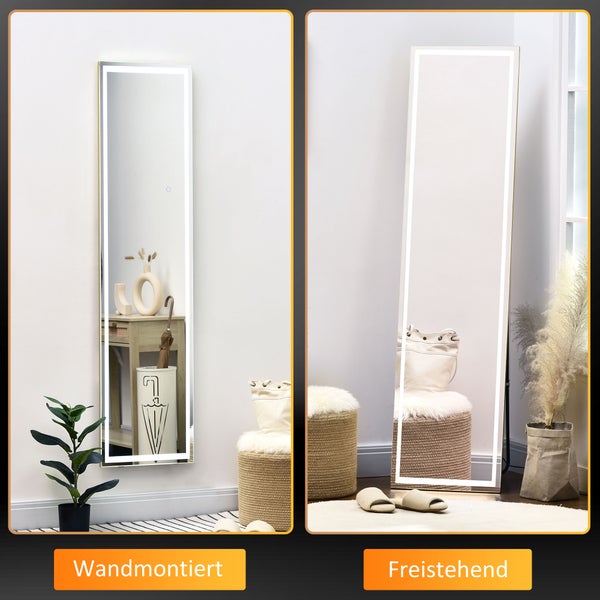 HOMCOM 2 in 1 Standspiegel, mit LED-Beleuchtung, , für Schlafzimmer, Wohnzimmer, 40 x 37 x 156,5 cm, Aluminium, Silber+Gold,