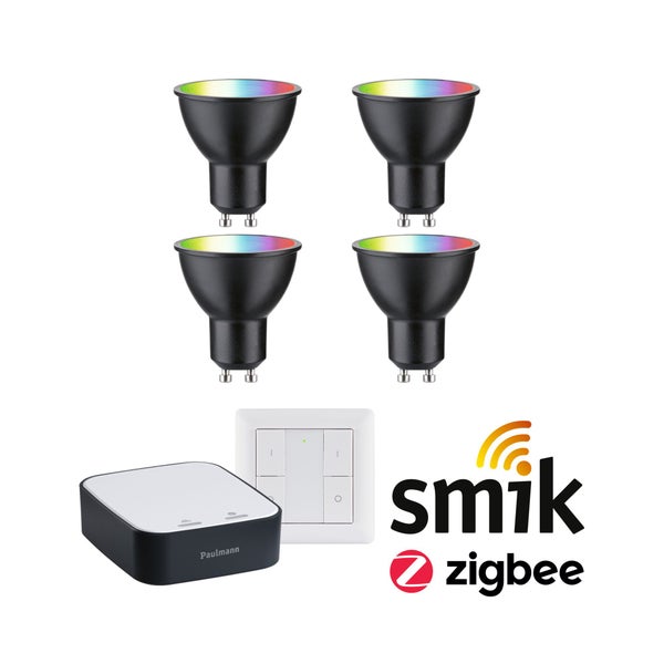 Set mit vier Paulmann smik LED Leuchtmitteln GU10 mit Zigbee Gateway und Wandtaster für intelligente Lichtsteuerung