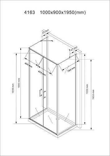 Technische Zeichnung einer Duschkabine mit den Maßen 1000x900x1950 Millimeter