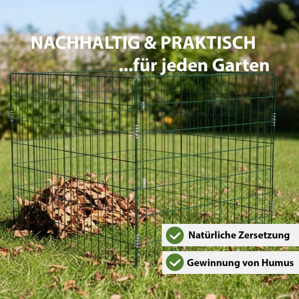 Grüner Komposter aus Metallgitter mit Laub im Garten zur natürlichen Zersetzung und Gewinnung von Humus.