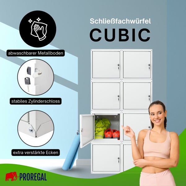 Schließfachwürfel CUBIC mit acht Fächern, Zylinderschloss, abwaschbarem Metallboden und verstärkten Ecken. PROREGAL Logo.