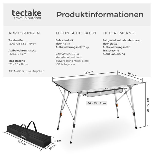 Campingtisch tectake Bastian 120 x 70,5 x 58 – 79 cm faltbar silber