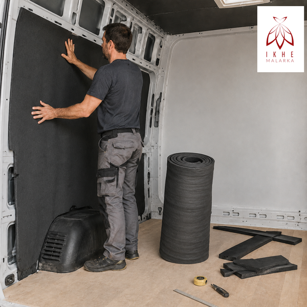 Ein Handwerker isoliert die Seitenwand eines Transporters mit einer Dämmmatte aus Schaumstoff für den Innenausbau.