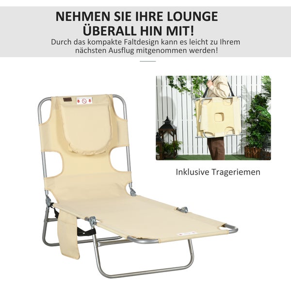 Klappbare Gartenliege mit Kopfstütze, Seitentasche und Trageriemen. Kompaktes Design für einfachen Transport.