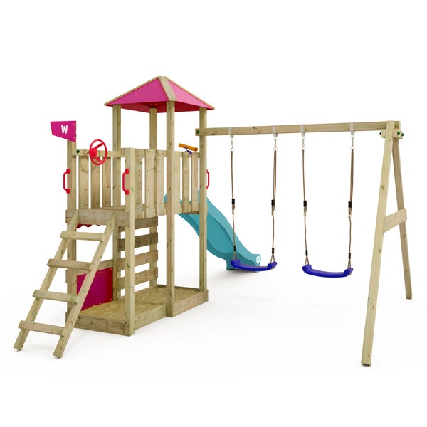 WICKEY Spielturm Klettergerüst Smart Savana mit Schaukel und Rutsche, Spielhaus mit Kletterleiter und Spiel-Zubehör – türkis