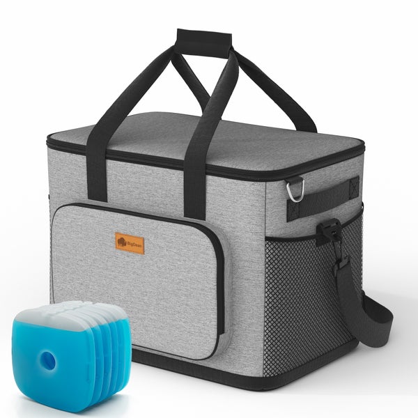 Graue Kühltasche mit Tragegriffen, Schultergurt, Seitentasche aus Netz und Kühlakku