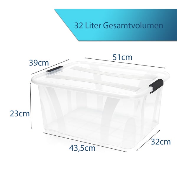 BigDean 4er Set Aufbewahrungsbox mit Deckel transparent - 32L + Clipverschluss - Stapelbox Ordnungsbox Clipbox Lagerbox Box mit Deckel Storage Boxes - Klarsichtbox mit Deckel – stapelbar