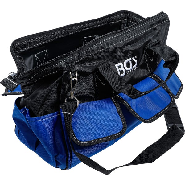 BGS technic Werkzeugtasche in Blau und Schwarz mit Außentaschen, Tragegriff, Schultergurt und Reißverschluss.