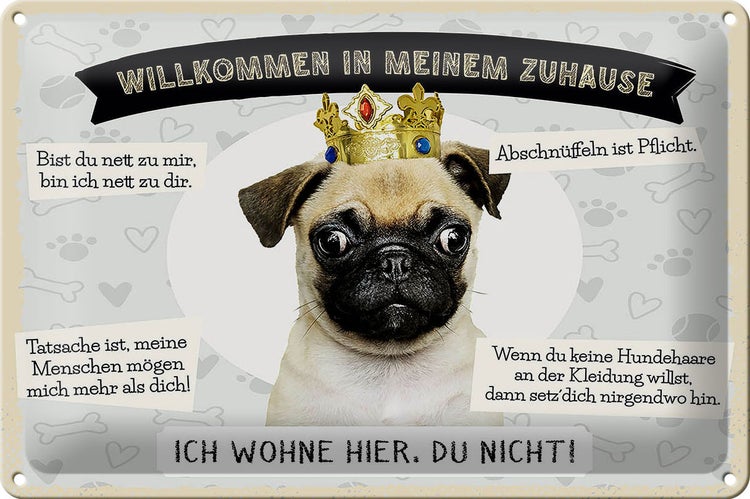 Blechschild Spruch 30x20cm Tiere Mops willkommen wohne hier