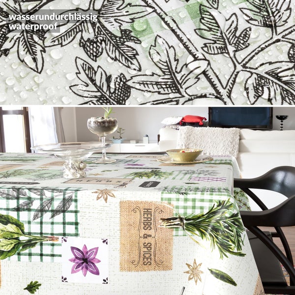 Wasserdichte Tischdecke mit Kräuter- und Gewürzmuster auf einem Esstisch