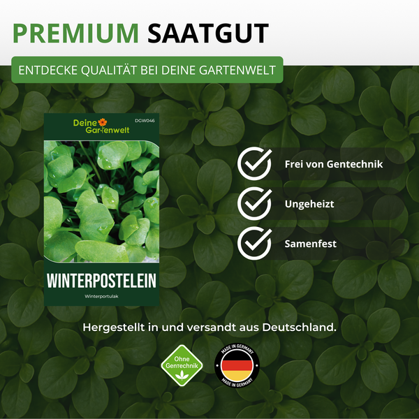 Deine Gartenwelt Logo. Premium Saatgut für Winterpostelein. Eigenschaften: frei von Gentechnik, ungeheizt, samenfest und in Deutschland hergestellt.