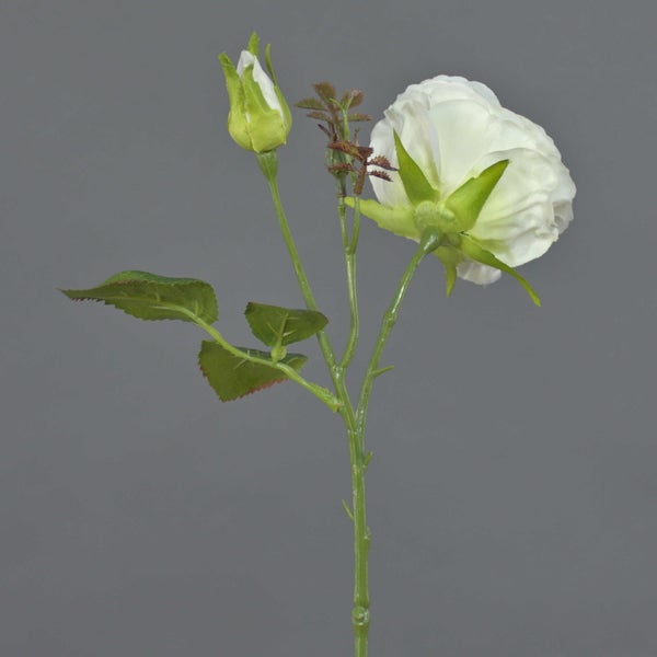 Künstliche weiße Rosenblüte mit Textilblütenblättern und grünem Stiel.