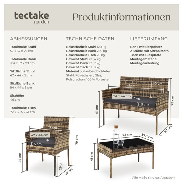 Rattan Gartenset tectake Palese Sofa 250 kg, je Sessel 120 kg für 4 Personen natur