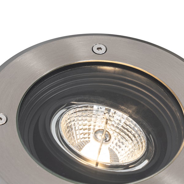 Runder Bodeneinbaustrahler aus Edelstahl mit Glasabdeckung und eingeschaltetem Leuchtmittel.