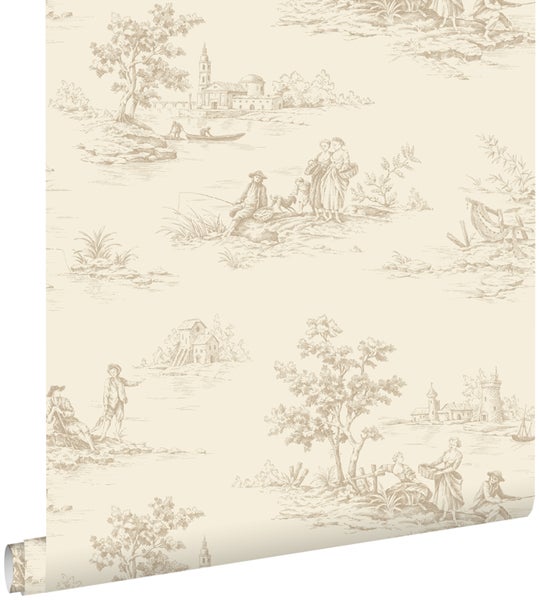 ESTAhome Tapete Toile de Jouy Hellbeige - 53 cm x 10.05 m - 139811