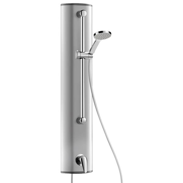 Silberfarbene Duschsäule mit Handbrause an verchromter Brausestange und integrierter Einhebel-Mischbatterie.