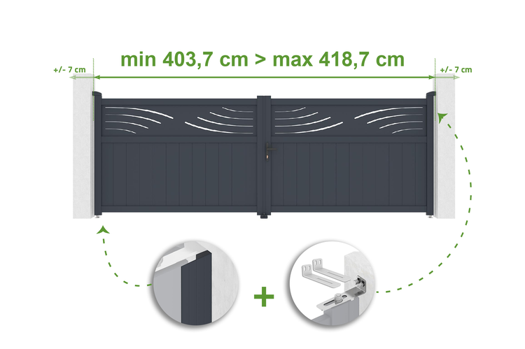 Abbildung eines Gartentors mit Größenangaben und Details zu Montageelementen