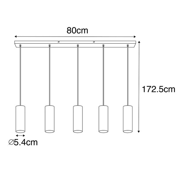 Technische Zeichnung einer Pendelleuchte mit fünf Leuchten, 80 cm breit und 172,5 cm hoch, Durchmesser von 5,4 cm