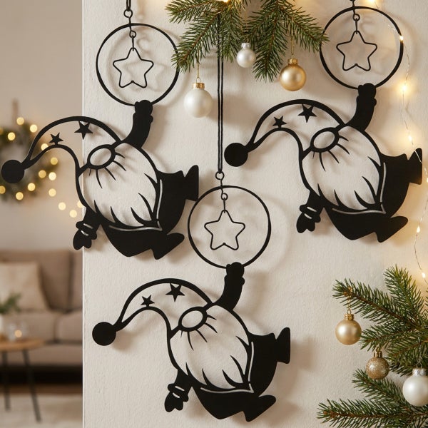 Drei hängende Metall Wichtel Dekorationen mit Sternen für die Weihnachtszeit in einer weihnachtlichen Wohnraumdekoration.