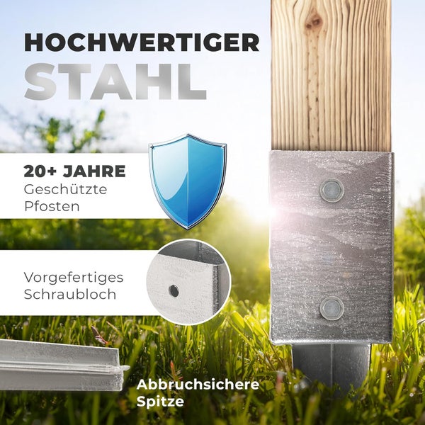 Pfostenträger aus hochwertigem Stahl mit vorgefertigten Schraublöchern und stabiler Spitze für langfristigen Holzschutz im Garten.