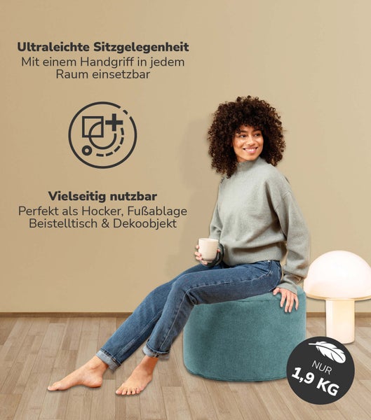 mokebo Pouf, Hocker o. Bodenkissen 'Der Ruhepouf' Sitzhocker rund und Fußhocker fürs Wohnzimmer, leichter Sitzpouf aus Stoff in Petrol
