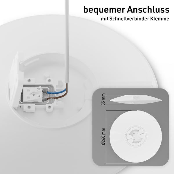 Deckenleuchte mit Schnellverbinder Klemme für bequemen Anschluss, 260 Millimeter Durchmesser und 55 Millimeter Höhe.