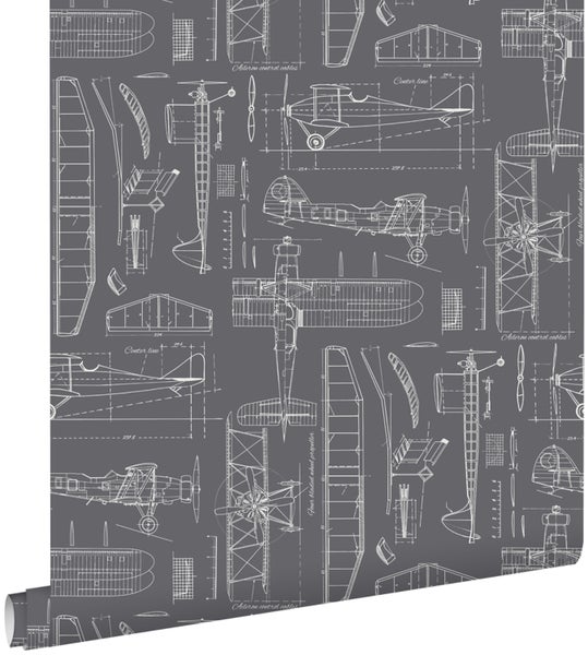 ESTAhome Tapete Kontruktionszeichnungen von Flugzeugen Dunkelgrau - 53 cm x 10,05 m - 128813