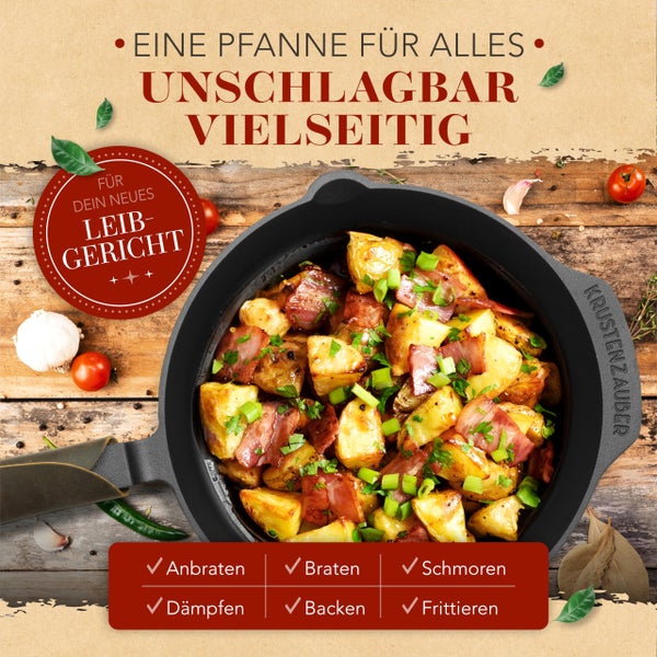 KRUSTENZAUBER 28cm Gusseisenpfanne Induktion Set - Fein Geschliffene Gusseisen Pfanne - Ideale Grillpfanne Induktion, Eisenpfanne, Cast Iron Pan, Bratpfanne, Gusseiserne Pfanne Skillet Gusspfanne