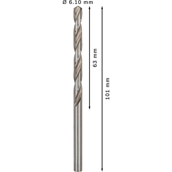 Metallbohrer mit den Maßen 6,10 mm Durchmesser, 63 mm Bohrspitze und 101 mm Gesamtlänge