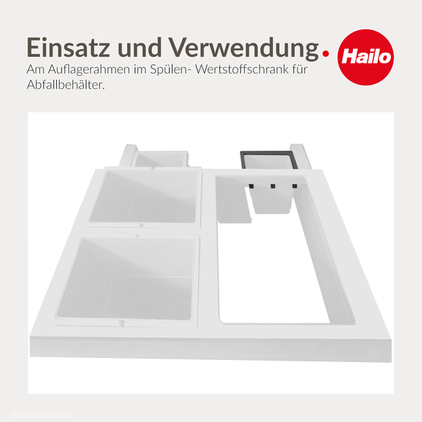 Hailo Logo. Weißer Auflagerahmen für Abfallbehälter im Spülenschrank mit mehreren Fächern für die Abfalltrennung.