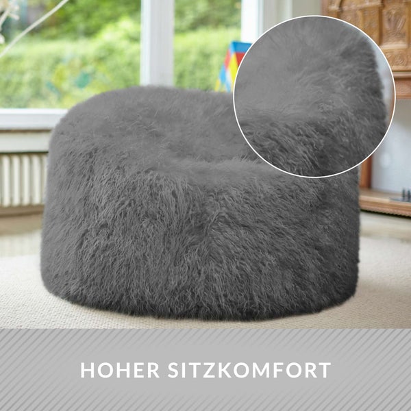 Green Bean Sitzsack Fellotpik mit Füllmaterial (EPS Perlen) - Indoor Maße ca 100 x 55 cm - Bean Bag Sitzkissen Sitzpuff Sitzsessel Bodenkissen Lounge Grau