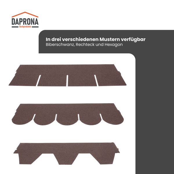 Daprona Logo. Dachschindeln in den drei Mustern Biberschwanz, Rechteck und Hexagon.
