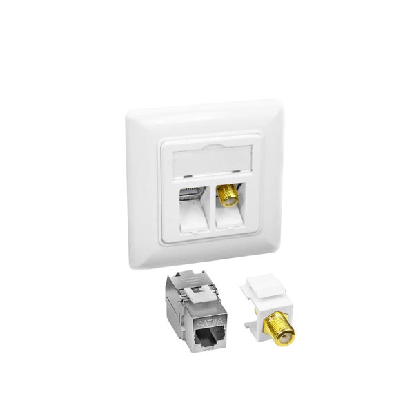 ProfiPatch Keystone Netzwerkdose LAN Dose Cat6A 500MHz Unterputz 1x RJ45 Port Anschluss + 1x F-Verbinder POE CAT7,CAT6A,CAT6,CAT5 geschirmt weiß