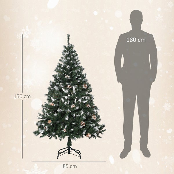Künstlicher Weihnachtsbaum mit Zapfen und Schneeeffekt, Höhe 150 Zentimeter, Breite 85 Zentimeter, Größenvergleich mit 180 Zentimeter großer Person.