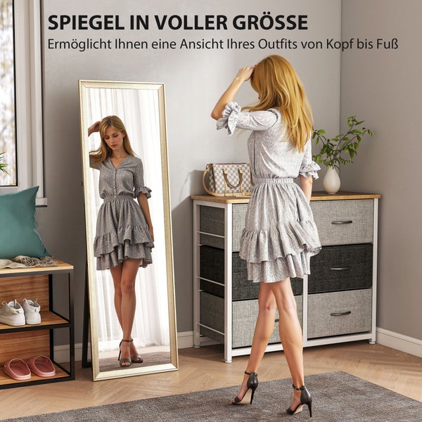 Zwei Standspiegel mit goldfarbenem Rahmen und Maßangaben.