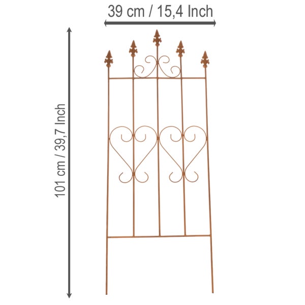 Metall-Rankhilfe mit Herzornamenten und Größenangaben