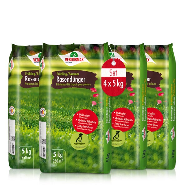Vier Packungen Frühling-Sommer Rasendünger, jeweils fünf Kilogramm