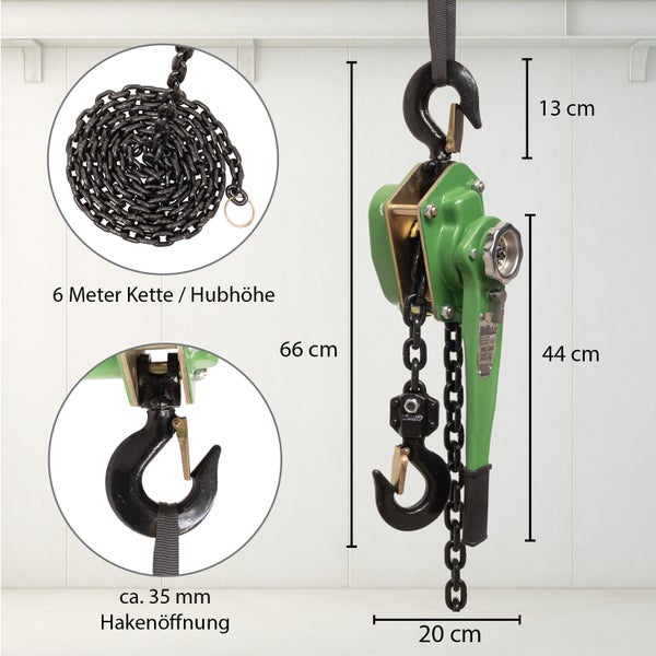 Hebelzug mit sechs Meter Kette und dreitausend Kilogramm Tragkraft inklusive Maßangaben zur Hakenöffnung und Gesamtabmessungen.